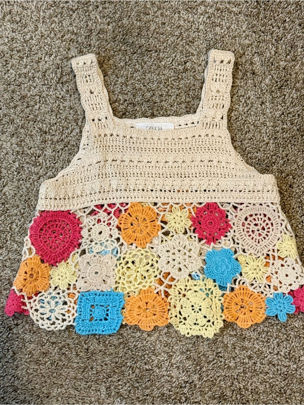 Zara Crocheted Floral Tank Top in Cream with Bright Multicolor Girls Size 11-12